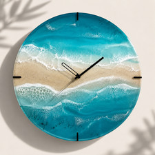 Reloj de pared grande de resina de océano con musgo | Decoración de pared silenciosa costera hecha a mano
