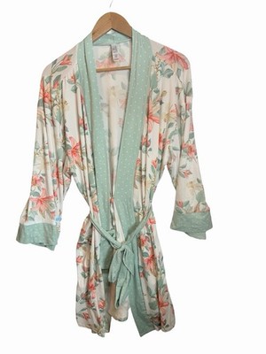 FN by Flora Nikrooz Wrap Robe Women's XL Green Floral Short SOFT! Loungewear