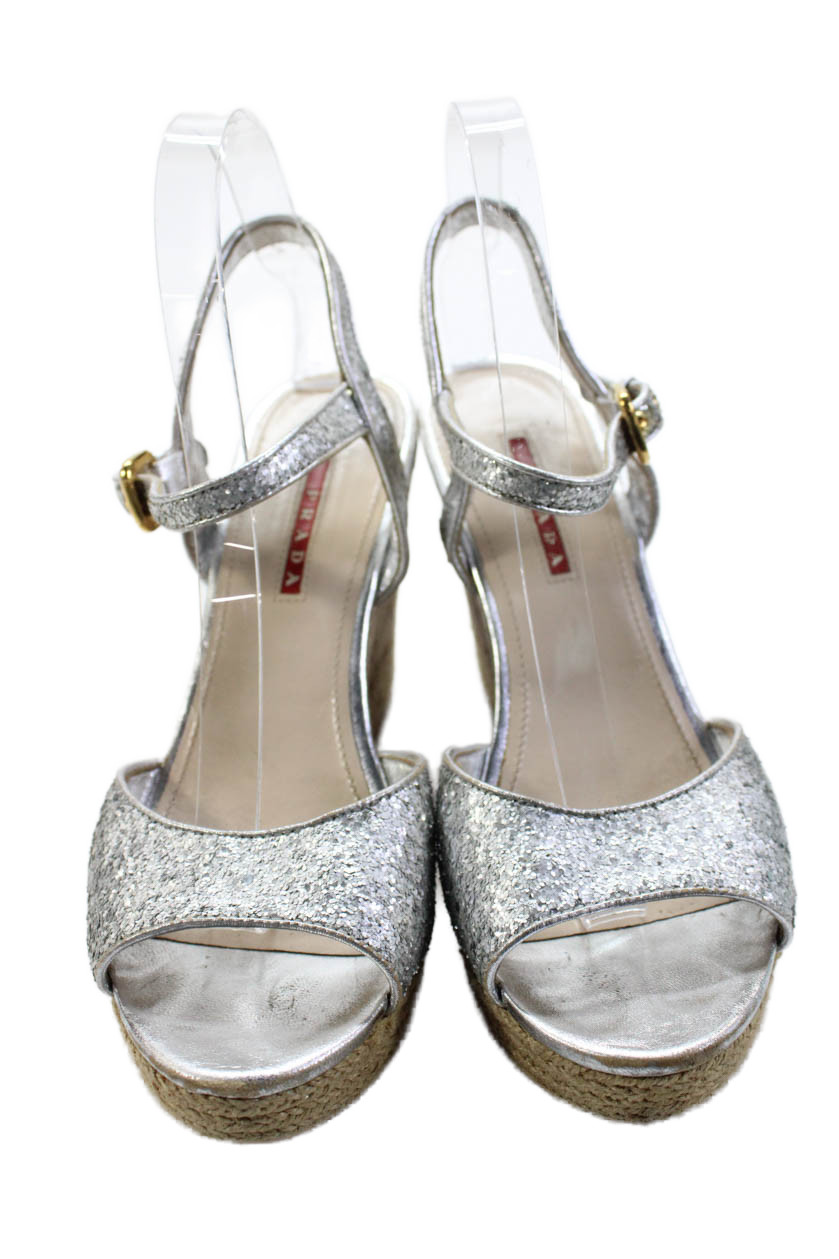 Prada Womens Open Toe Ankle Buckle Sparkly Wedge Heels Silver Tone Size 7 thumbnail 2