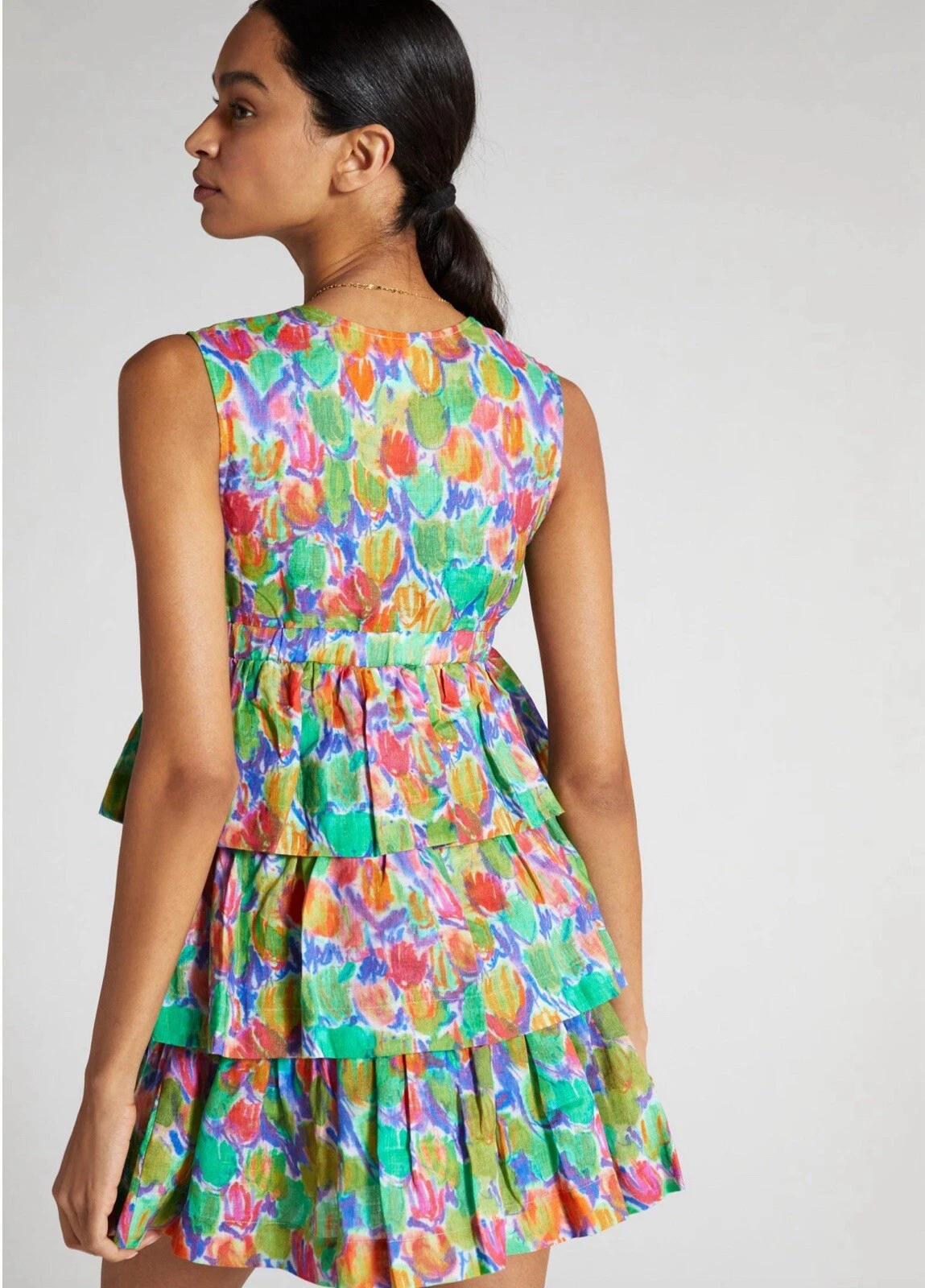 PALM ANGELS Anthropologie Hope For Flowers mini abito lino a strati motivo verde preppy XL nuovo