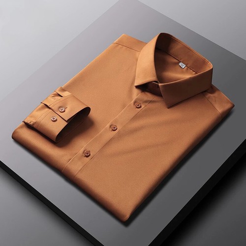 Men's Long Sleeved Shirt Wrinkle Resistant Business Shirt Solid Ice Silk Shirt - Picture 34 of 39