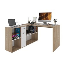 Scrivania angolare multiuso 6 scompartimenti mobile scrittoio bianco e rovere