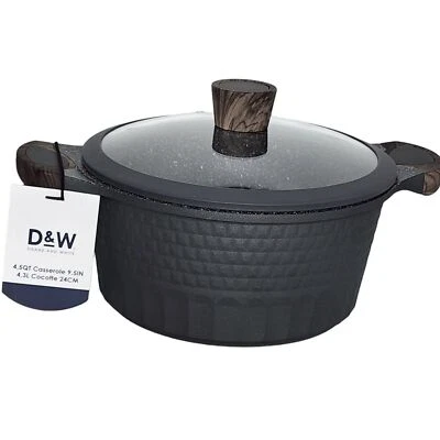 D&W DEANE AND WHITE D&W Premium Cookware 9.5in Stock Pot Casserole with Lid Non-stick 4.5QT Charcoal