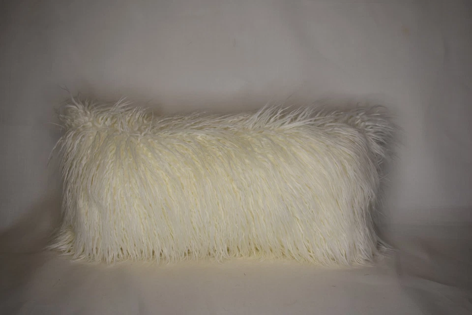 Long Mongolian sheepskin white black ivory faux fur throw pillow handmade  - Image 2 of 2