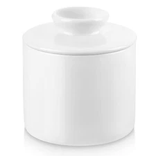 LOVECASA Porcelain White French Butter Dish Round Butter Keeper Crock with Lid