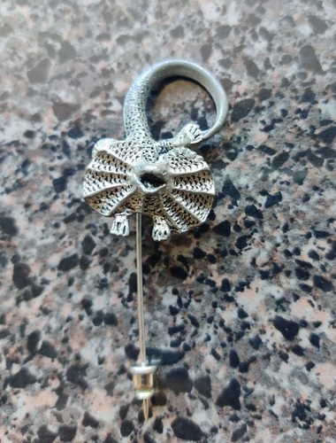 Vtg Signed Pewter Frilled Lizard Dragon 2.5" Lapel Stick Pin Australia Marked RP - Picture 2 of 4