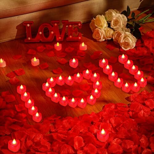 4000 Pcs Artificial Rose Petals with 24 Pcs Led Tea Lights Candles Flameless - Afbeelding 4 van 8