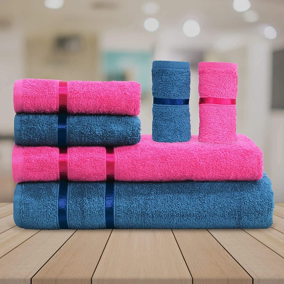 Cotton Bath and Hand Towel Set 450 GSM Pink and Navy Set of 6 Piece - image 2 of 4