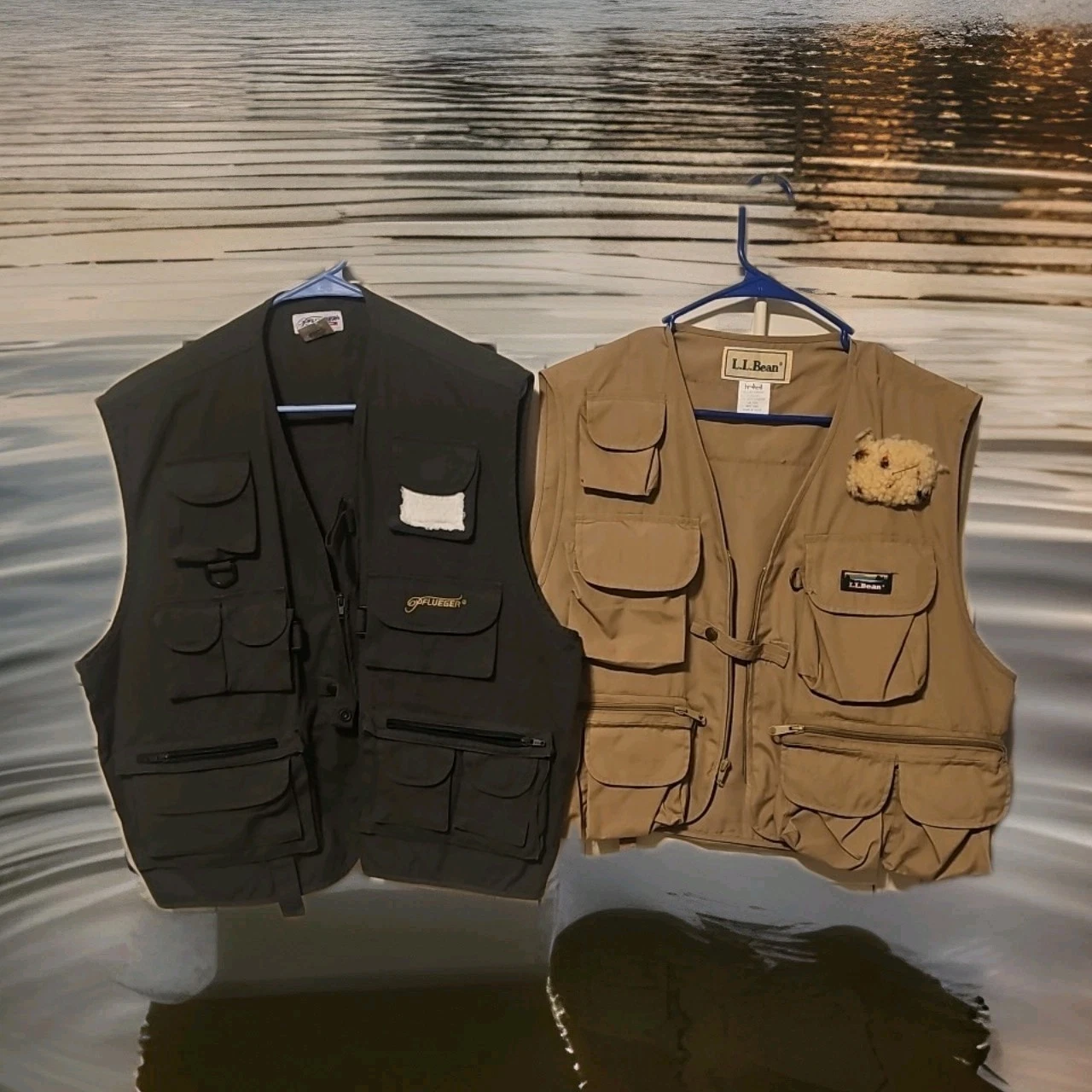 2 Fly Fishing Vests Flueger & LL Bean EUC Multi-Pocket Adjustable L/XL