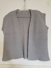 Vtg 70's 80's Homemade Hand Knitted Gray Open Front Vest Hippie Boho L-XL