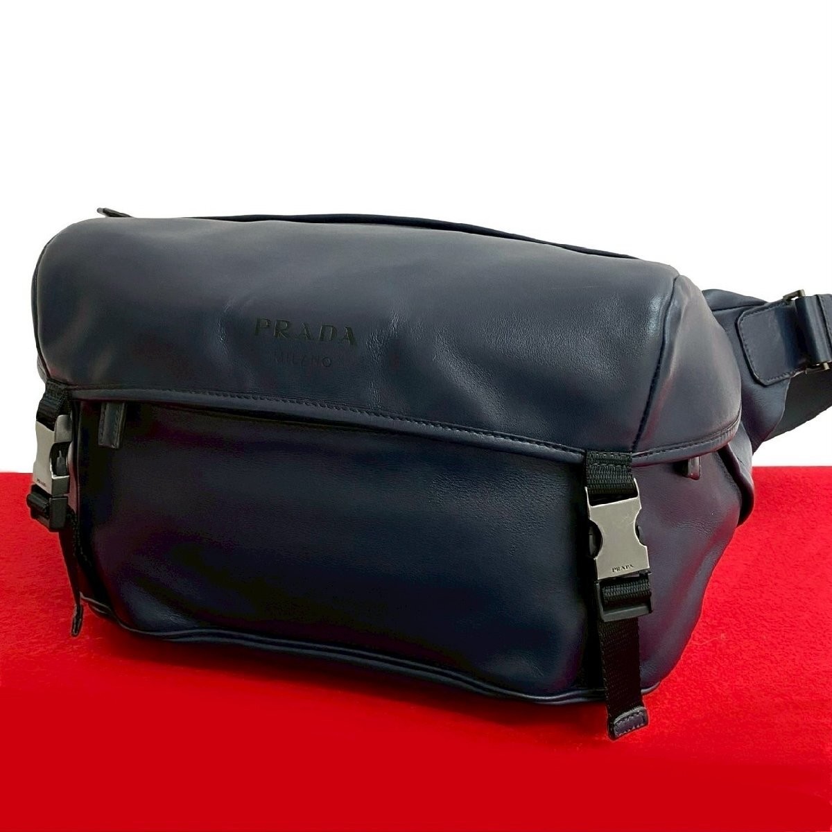 Prada Navy Leather Shoulder Bag with Logo Embossed Design 40429