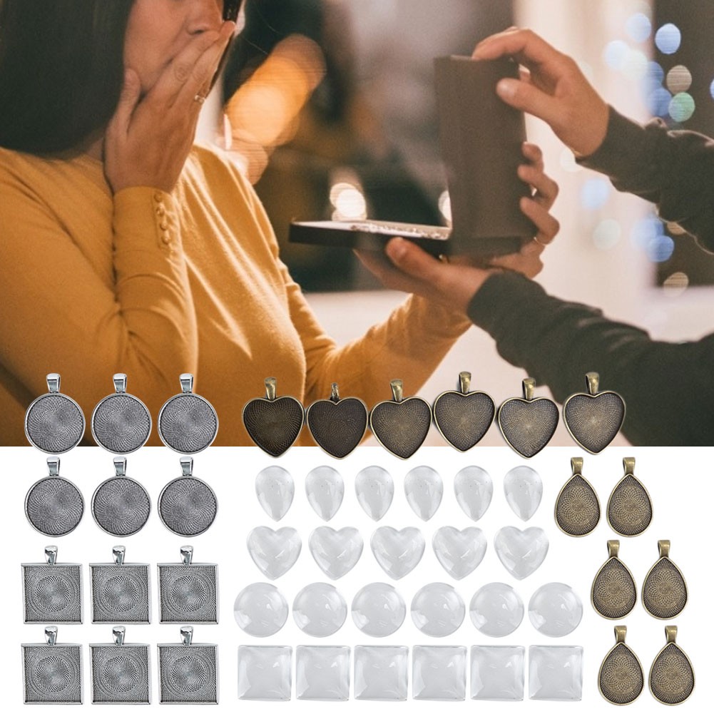 48pcs Metal Round DropShaped Pendant Base Tray Glass Domes Jewelry DIY Tool A