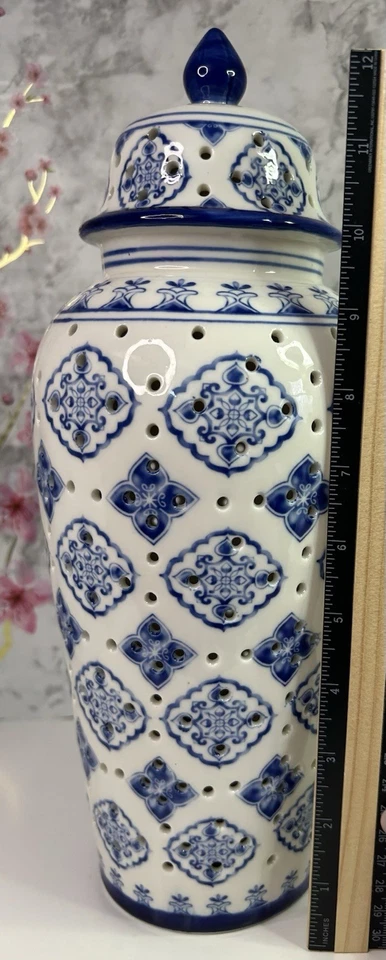 Juego de 2 luces de cerámica azul y blanco jengibre en forma de tarro a batería bonitas Foto 4 de 4