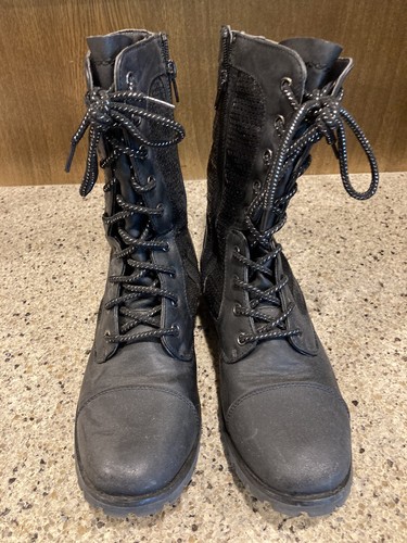 Gia-Mia Black Sequin Combat boots sz 9 