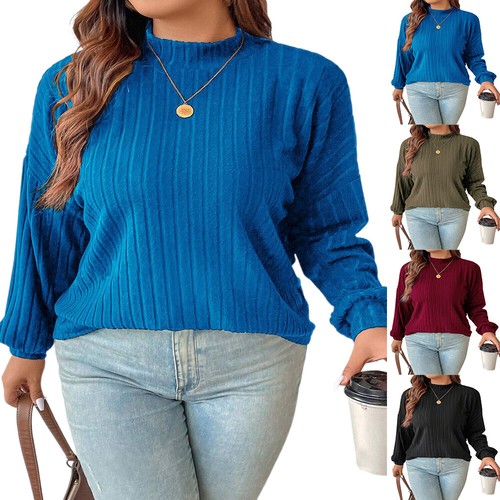 Plus Size Womens Ribbed Jumper Tops Pullover Round Neck Long Sleeve Shirt Blouse - Picture 6 of 20