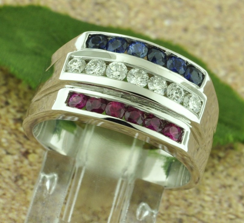 1.15 ct 14k White Gold Men's Natural Diamond Sapphire Ruby Ring All American USA
