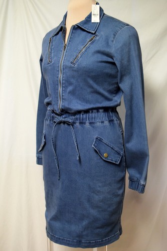 NWT Soho NY & Co Blue Stretch Denim LS Jean Dress-Brass Zippers-XS-S - Picture 4 of 6