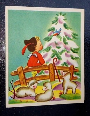 Vintage Christmas Little Angel Boy Sheep Herder Snowy Tree Double Fold Used Card