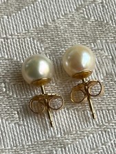 14K Solid Yellow Gold 6.5mm FW White Pearl Stud Earrings