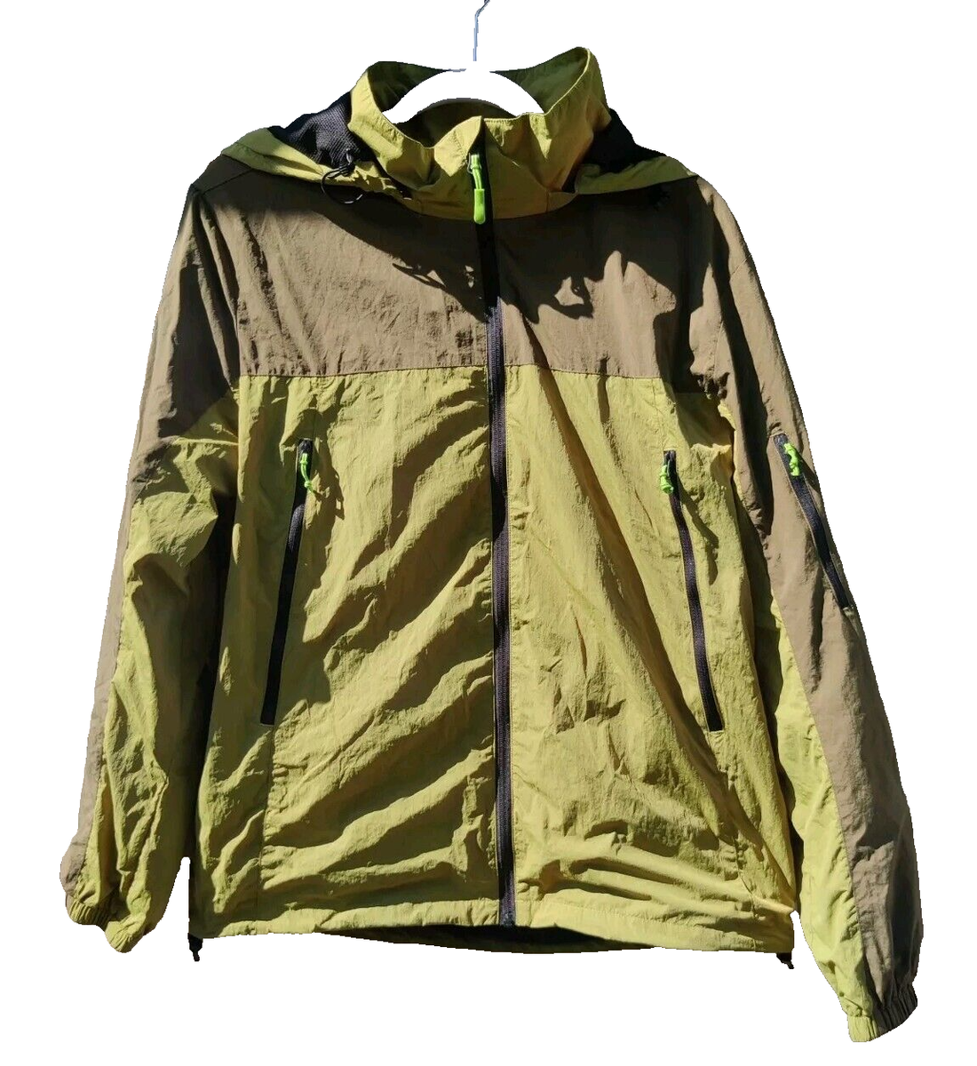 CASEI Windbreaker Rain Jacket Mens Medium Hooded Green Pockets