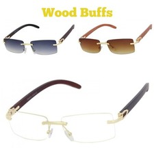 DEAN SLIM RIMLESS RECTANGULAR SUNGLASSES METAL FAUX WOOD PRINT FRAME HIP HOP VTG