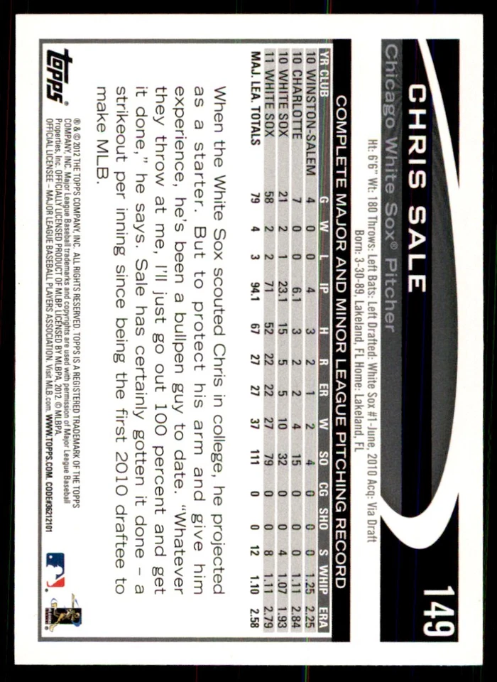2012 Topps Chris Sale Baseball Card #149 - Image 2 of 2