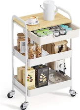 3-Tier Metal Utility Rolling Cart with Drawer, Wooden Table Top & Locking Wheels