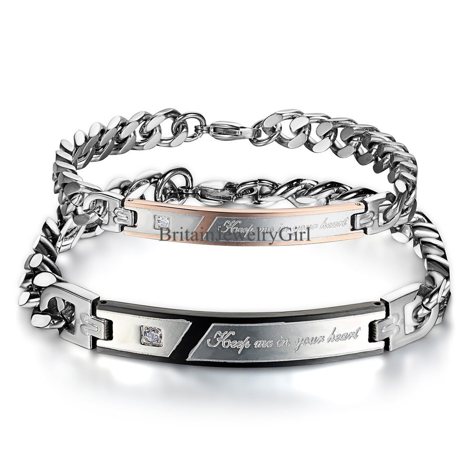His & Hers Matching Bangle Bracelets - Stainless Steel, 'Keep Me In Your Heart' Engraved Couple Gift