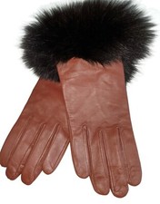 Ladies Lambskin Brown Leather Black Fur Cuff Gloves, Large, NEW.