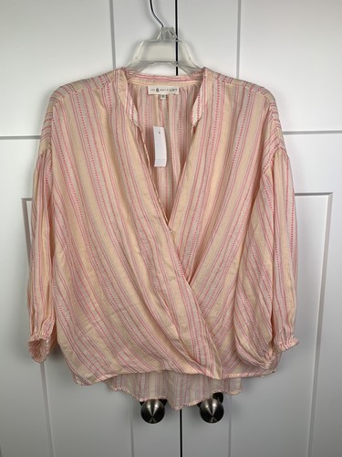 NWT Lou & Grey XL Blouse Pink Stripe Wrap V Neck Tassel Tie Lightweight Cotton