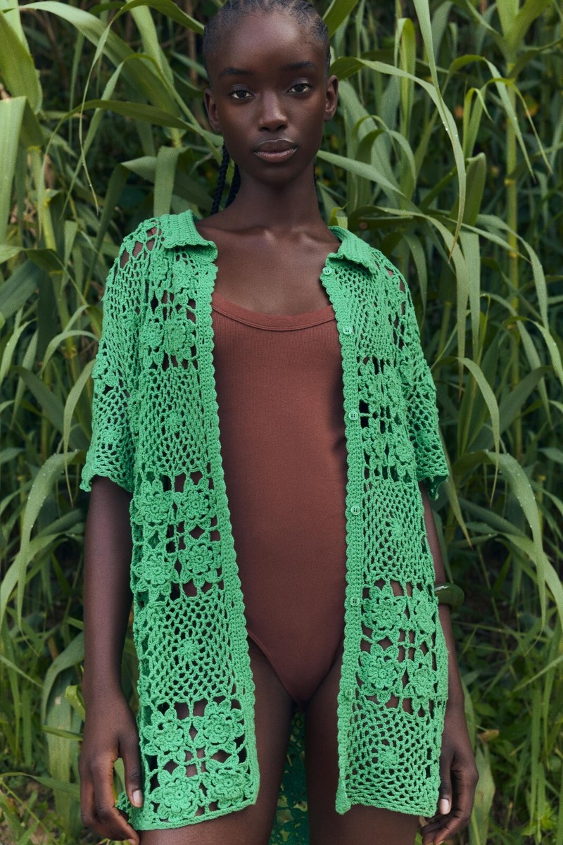 POLA - サラ Zara Womens Crochet Knit Polo Top XS S Green Button Closure