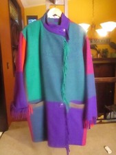 Vtg Gallery L / Xl Vibrant Rainbow Plaid Colorblock Wool Blanket Coat W/ Fringe