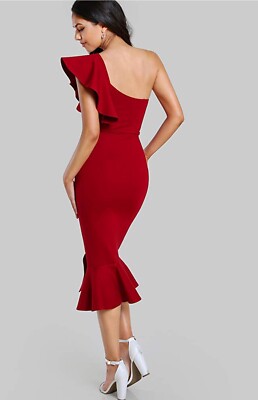 Ruffle one shoulder split midi party bodycon dress S | eBay UK