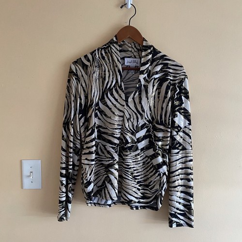 Jospeh Ribkoff Blouse Woman 14 Animal Print Sparkle Sheer Ruching V Neck Office - Bild 2 von 16
