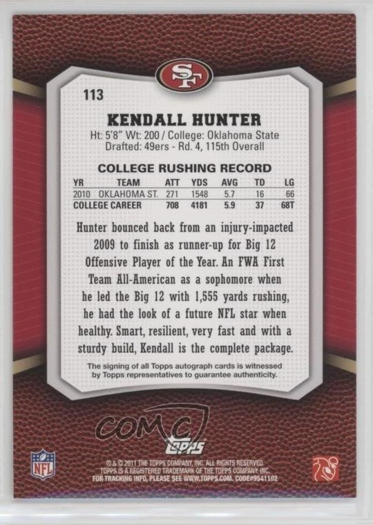 2011 Topps Rising Rookies Red Rookie Auto /15 Kendall Hunter #113 Auto RC - Image 2 of 2