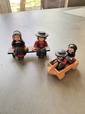 VTG Miniatures Cast Iron AMISH  School Girl Boy on Bench, girl/boy in wagon