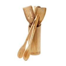 Set Accessori Da Cucina 6 Mestoli In Legno Di Bambù, Portamestoli Cucchiai Pinza