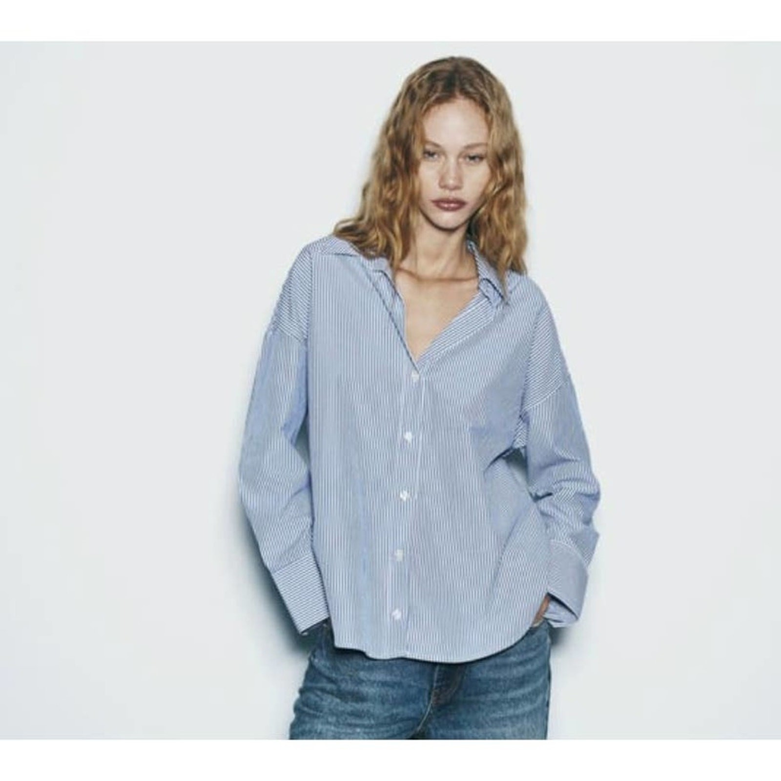 ZARA 자라 여성 탑 남성에서 영감을 받은 오버사이즈 셔츠 파인 오가닉 코튼 블루 화이트