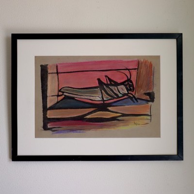 1951 Francesco Di Cocco Original Surrealist Grasshopper Pastel Santa Barbara Vtg