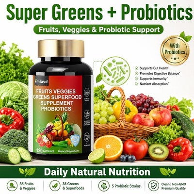 70 Fruits and Veggies Supplement 120 Vcaps - 1 Billion CFU Probiotics Prebiotic