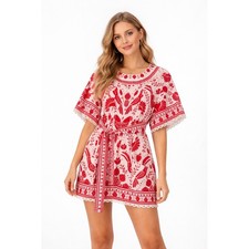 FARM Rio Jungle Flow Mini Dress XS Red Belted Bird Pineapple Print Linen Blend