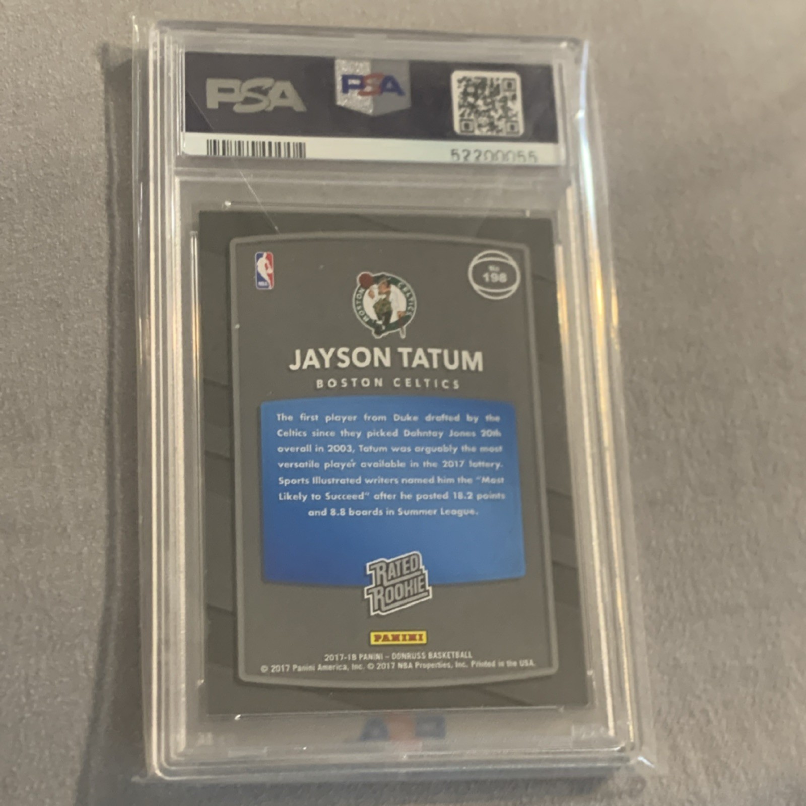 Panini 2017-18 Donruss Jayson Tatum Rated Rookie #198 PSA 9 Celtics view 3