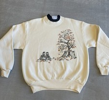 90's Vtg Morning Sun Womens Sweatshirt Cats Birds Tree White M Grannycore USA