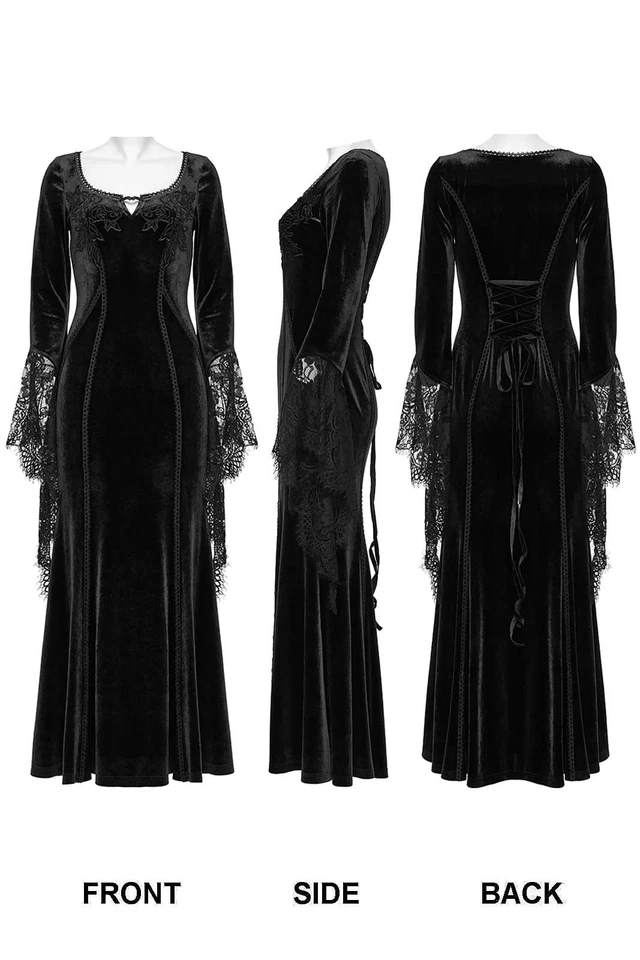 PUNK RAVE Gothic Kleid Samt Schwarz Spitzenärmel Gracious Dress EDEL GOTH LARP - Bild 3 von 4