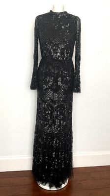 Needle & Thread Snowdrop Ballet Black Sequin Gown Fluted Sleeve Dress UK 8 BNWT