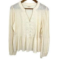 Lucky Brand Peasant Top Cream Embroidered V-Neck Long Sleeve Peplum Top