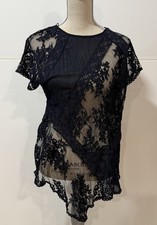Karen Kane Black Sheer Multi-Lace Embroidered  Asymmetric Top NWT S Navy  $168