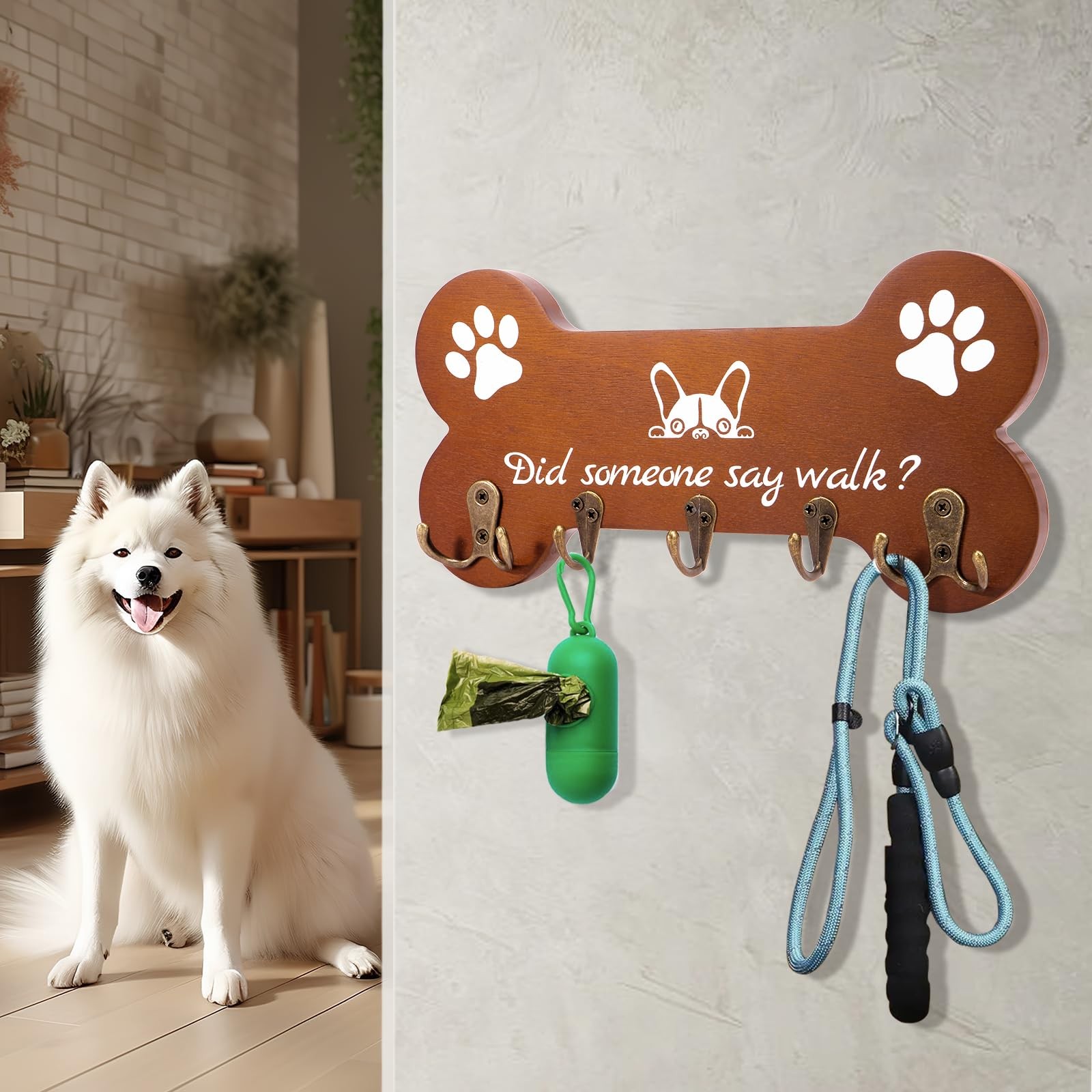 Bone Shape Dog Leash Hangers for Wall - Coat Rack with 5 Key Hooks, Perfect f...