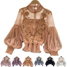 With  Lace Puff Sleeves Elegant Tops For Ladies Women Retro Style Blouse