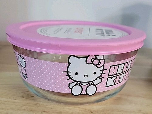Pyrex Hello Kitty 4-Cup Round Glass Storage Container Pink Ribbon Dots Lid - Picture 2 of 19